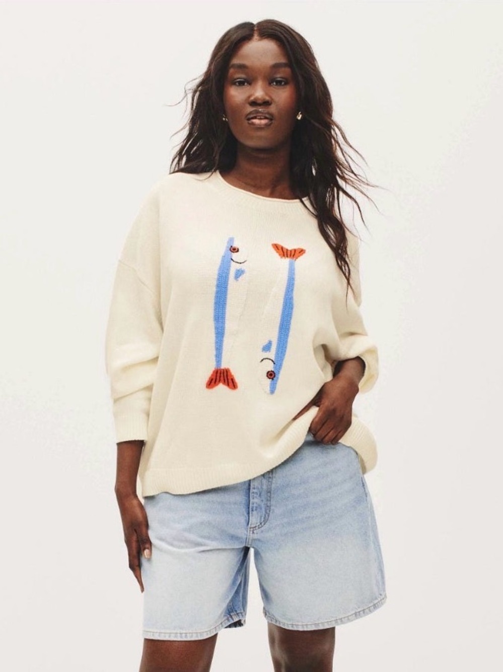 STAUD Giada Cream Sweater with Red and Blue Fish Sardines XS